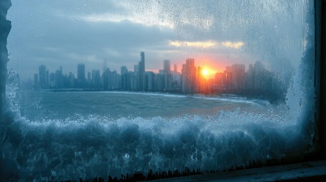 Frosty window frames a city skyline at sunrise