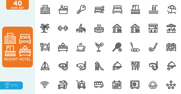 Resort Hotel Vector illustration line editable Icons set. Wellness, beach, tourism, hotel, passport, maps, spa, landscape, camera. Icon collection. on white background.