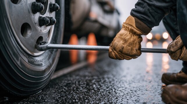 Gloved hands use a lug wrench to tighten a truck's wheel nut on a wet road