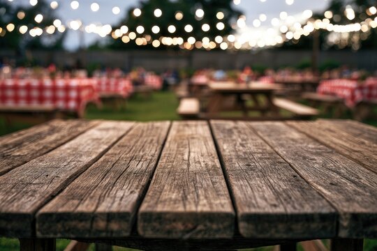 Rustic wooden table in a bokeh-lit outdoor seating area with checkered tablecloths