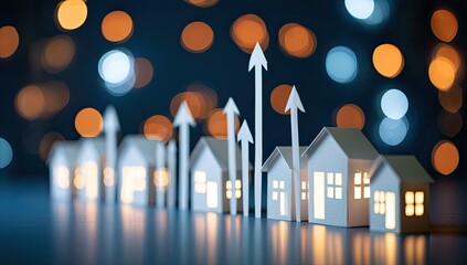 Obraz premium Paper houses with upward arrows showing growth against bokeh lights