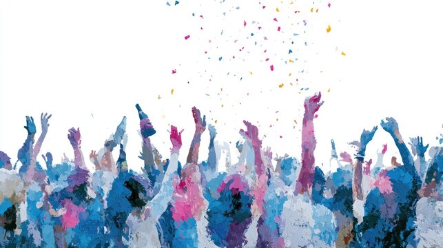 Crowd with raised arms and colorful confetti celebrating joyfully