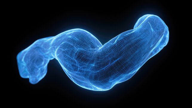 Bioluminescent wireframe anatomical structure against dark backdrop