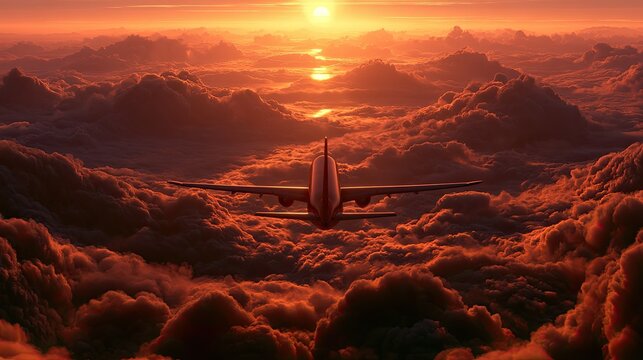 A jetliner soars through a fiery sunset over a sea of clouds