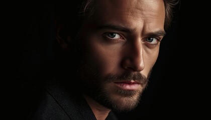 Fototapeta premium Dramatic portrait of a handsome young man with beard looking from dark shadows low key lighting