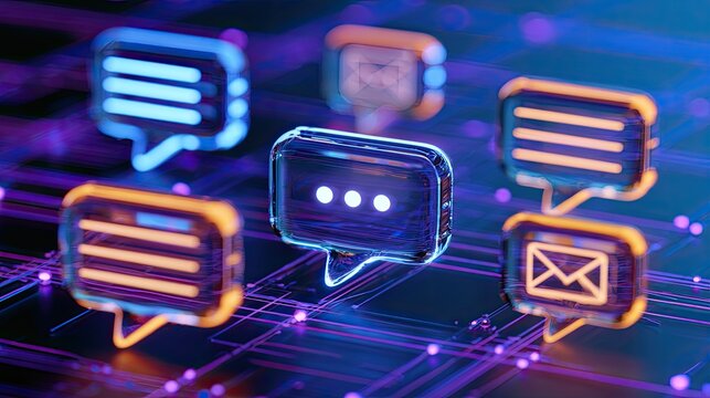 Glowing digital message icons hover above a circuit board, symbolizing communication
