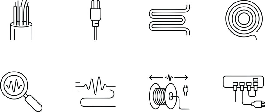 Electrical cable and wire installation line art icon set including plug optical fiber and spool.