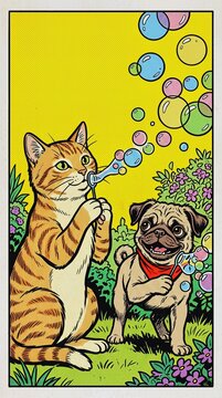 Ginger Tabby Cat and Pug Puppy Blowing Colorful Soap Bubbles in Retro Comic Strip Pop Art Style for Commercial Greeting Card