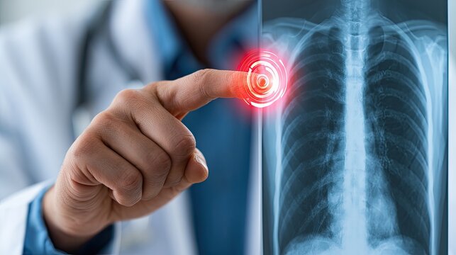 Doctor pointing to anomaly on chest X-ray with glowing red circle