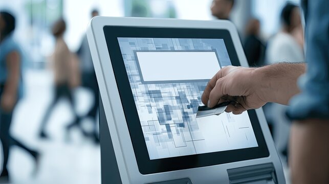 Person uses touch screen kiosk for modern transaction, blurred background