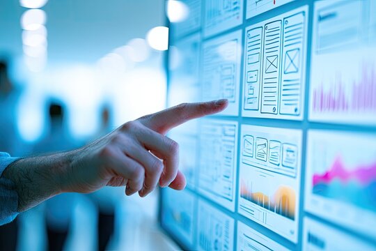 A hand points to a large digital display showing website wireframes and charts