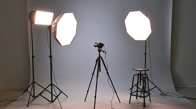 Studio setup with camera, tripod, lights, and stool on backdrop