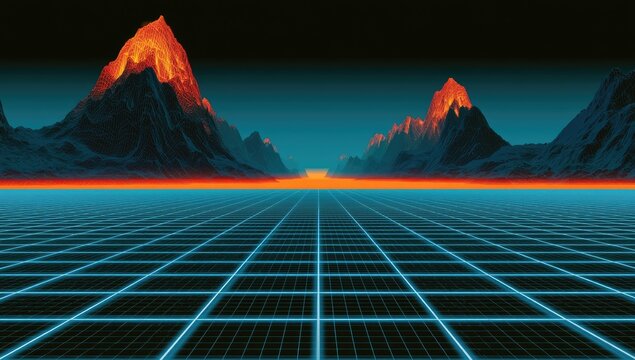 Glowing volcanic peaks loom over a neon-grid expanse under a dark sky