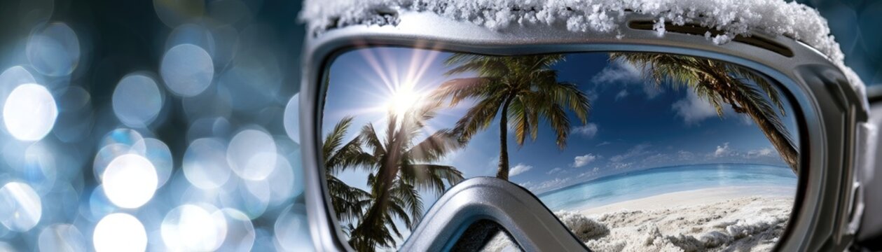 Snowy ski goggles reflect a sunny tropical beach paradise with palm trees