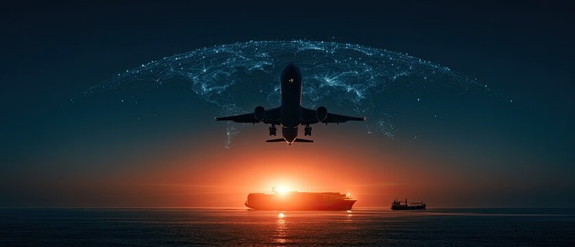 An airplane soars over a cargo ship at sunset with a digital world overlay