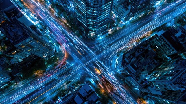 Aerial view of a busy, illuminated city intersection at night, with light trails