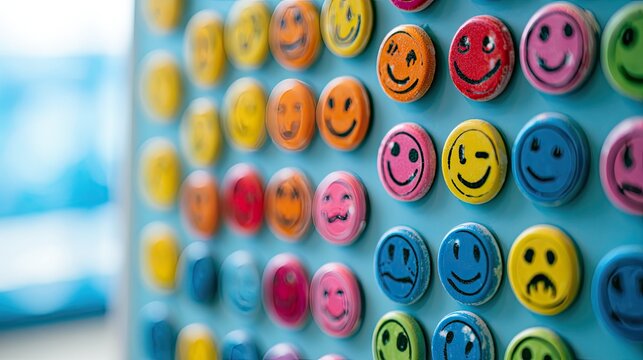 Rows of colorful, round magnets with painted smiley and frowny faces