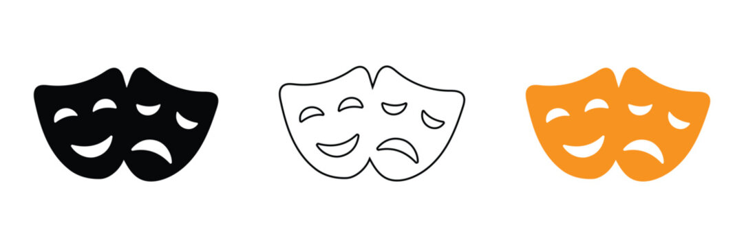 Theatrical comedy and tragedy masks icon set on white background