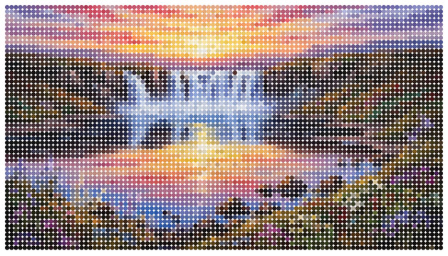 Colorful pixel art cityscape with buildings at sunset sky background
