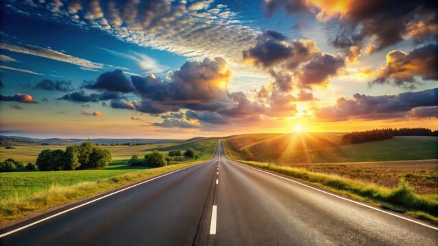 Asphalt Road Leading to a Vibrant Sunset Over Rolling Hills and Lush Green Fields