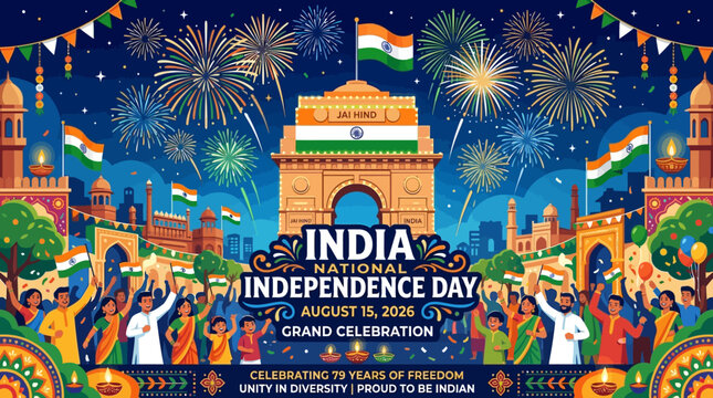 Vibrant festive vector illustration celebrating Indian freedom anniversary with national flags fireworks and people gathering at a monument gate