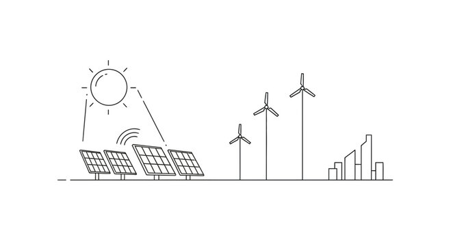 Renewable energy landscape: solar panels, wind turbines, and city skyline illustration