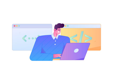 Programming teaching development flat character vector concept operation hand drawn illustration
