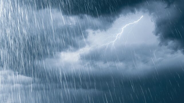 Intense storm with heavy rain and a brilliant lightning strike illuminating dark clouds