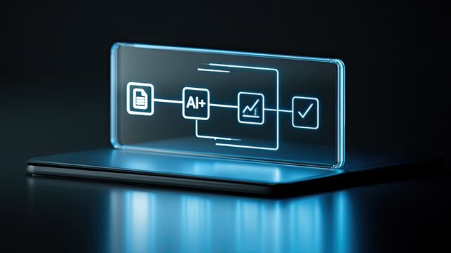 Futuristic digital flowchart on transparent screen, AI, data analysis, progress, completion