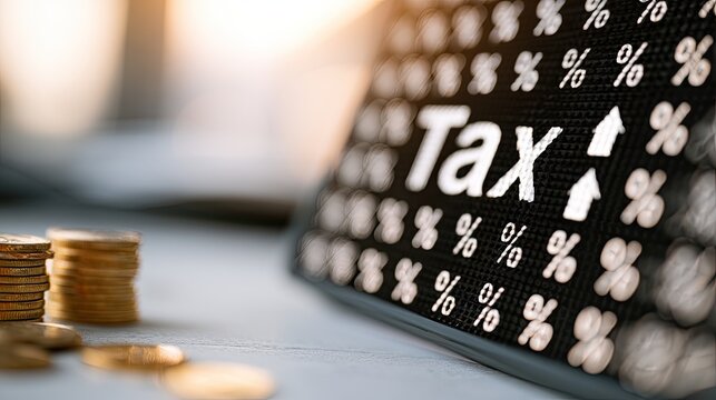Stacks of coins near a digital display showing "Tax" with an upward arrow and percentages