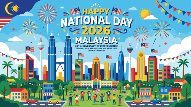 Vibrant Festive Illustration Celebrating Malaysia National Day 2026 with Iconic Cityscape Landmarks and Cheerful People