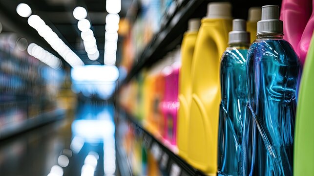 Brightly colored bottles of cleaning supplies fill store shelves in a bright aisle