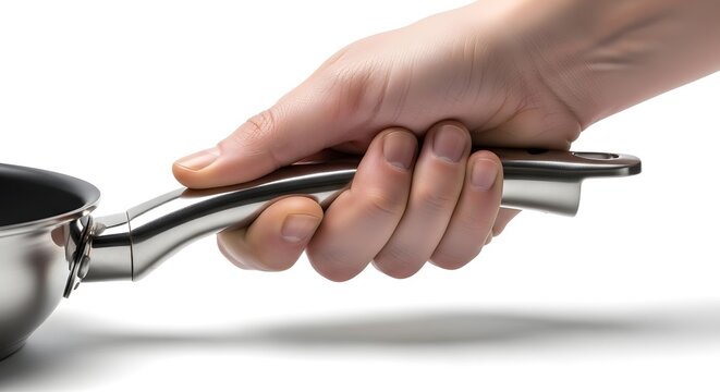 Minimal Studio Image of Hand Holding Frying Pan Handle Isolated on Clean Background