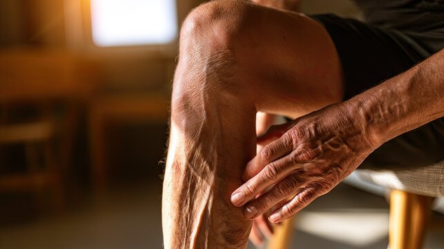 Aged leg with prominent veins and textured skin, hand touching calf