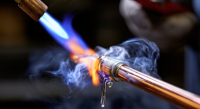 Intense blue and orange flame heats copper pipe, melting metal drips down