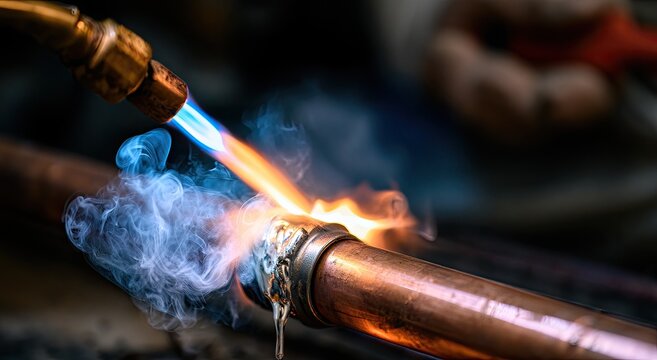 Close-up of a flame brazing a copper pipe connection