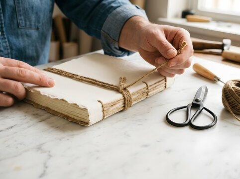 Artisan Hands Tying Jute Twine String on Handmade Paper Journal Book at Marble Workshop Counter