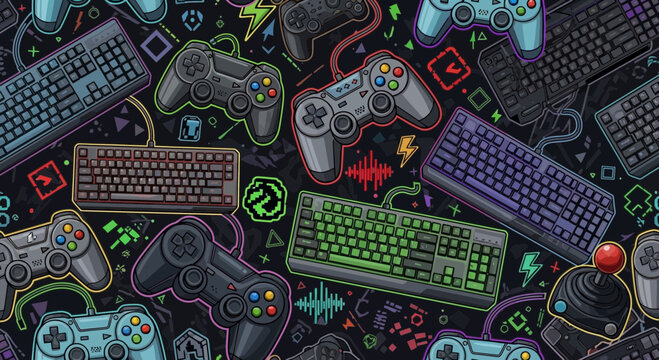 Retro Gaming Pattern: Joysticks, Keyboards, and Pixel Art Elements