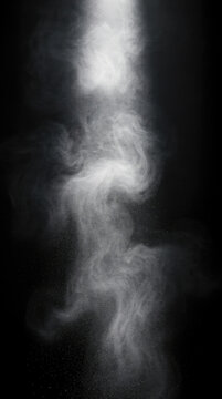 Abstract white powder explosion with smoke and dust against a black background.