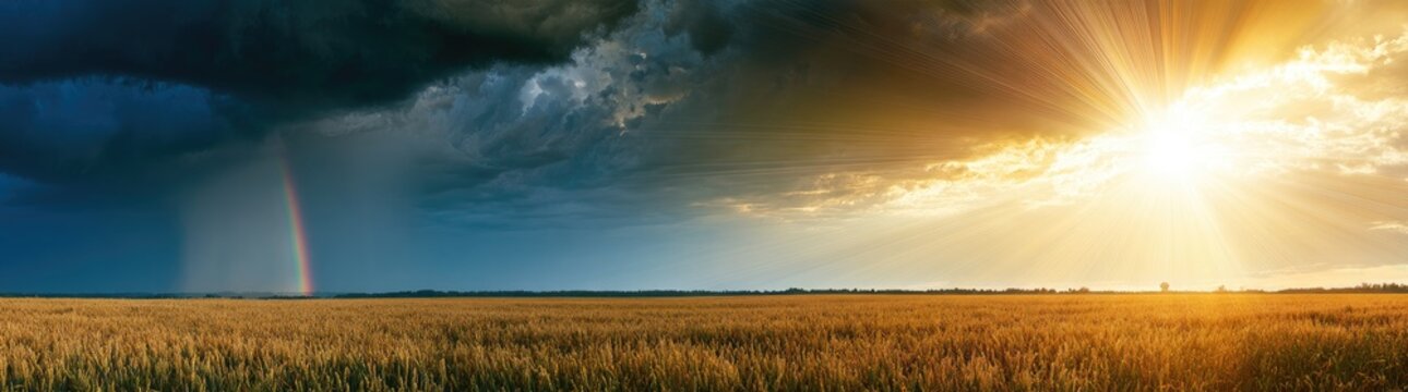 Panoramic field under dramatic sky with sunrays and a rainbow