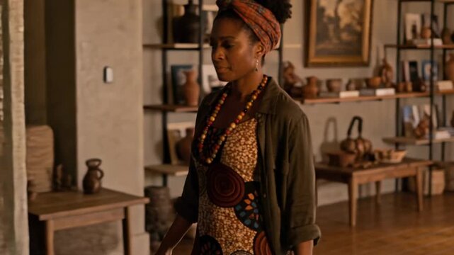 Entering glass door, woman in patterned dress walking through studio, examining ceramics
