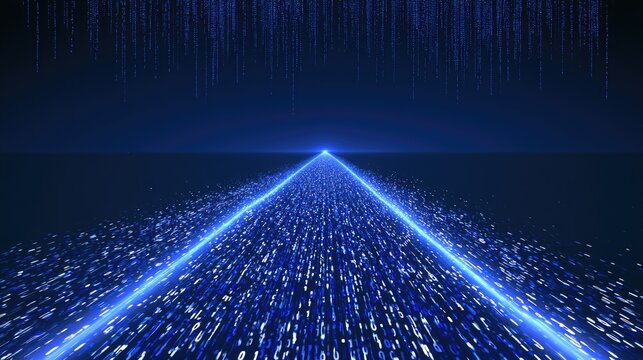 A digital tunnel of blue light and falling data streams