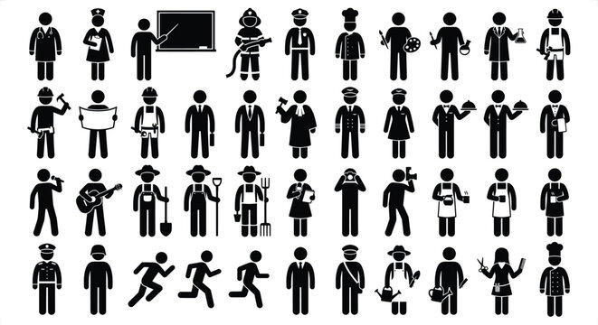 Set of stick figure icons of people with different jobs