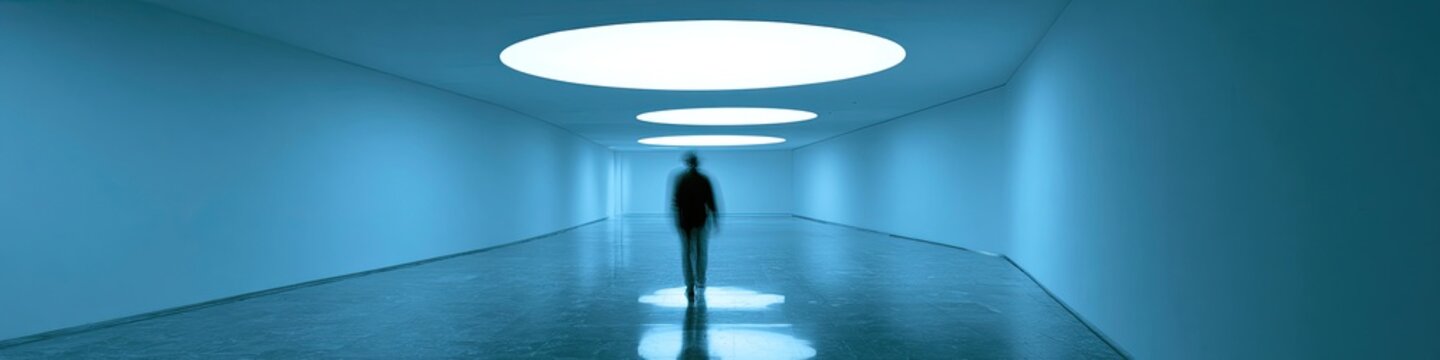 A lone figure walks down a bright, futuristic blue corridor with circular ceiling lights