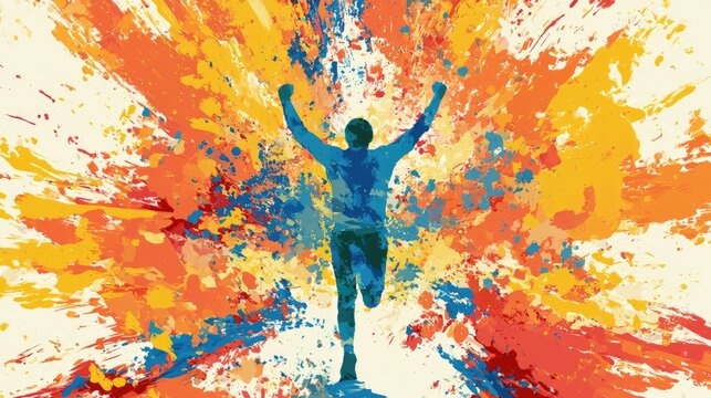 Silhouette of runner with arms raised in triumph amidst vibrant, abstract paint splatters