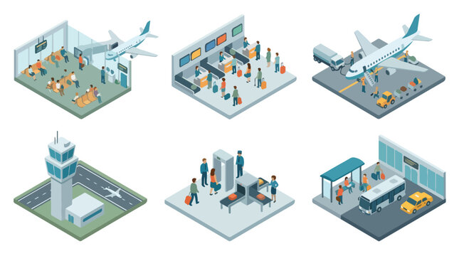 Isometric airport set showing check-in, security, boarding, aircraft maintenance, control tower, and ground transportation with staff and passengers