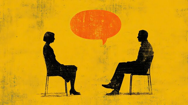 Two silhouetted figures facing each other, engaged in conversation with a thought bubble