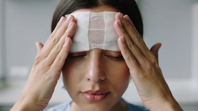 Inspecting folded patch, nurse in blue scrubs unfolding and applying forehead patch at clinic