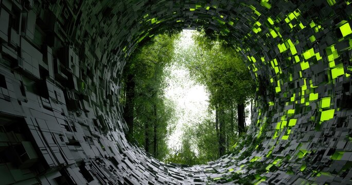 Futuristic metallic tunnel merges with lush green forest, a surreal dichotomy