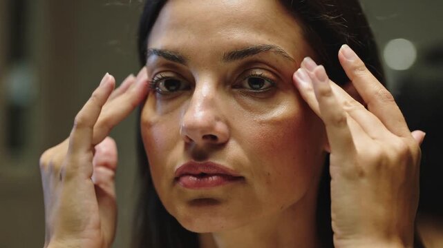 Raising hands to temples, adult woman massaging eye area with fingertips at mirror for skincare
